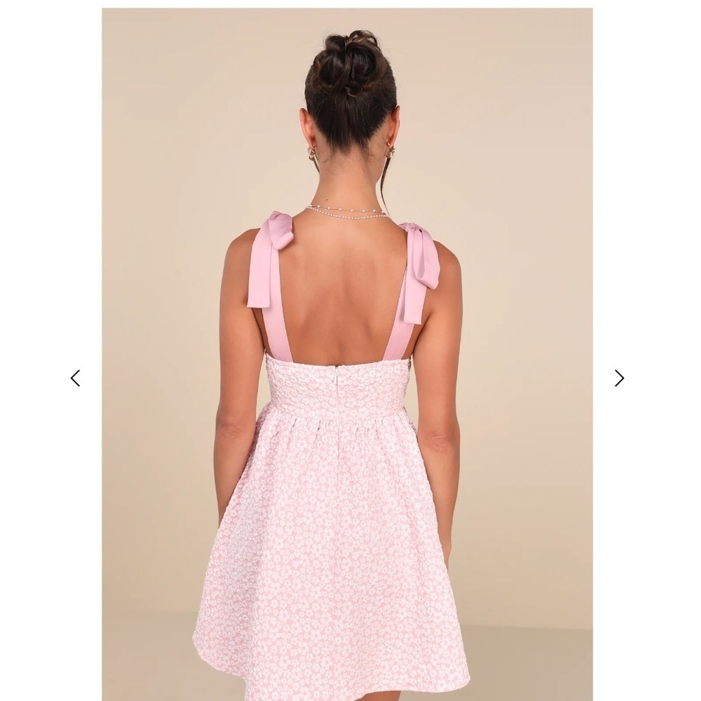 NWT Lulu's Pink Jacquard Floral Tie-Strap Mini Dress - Picture 2 of 10